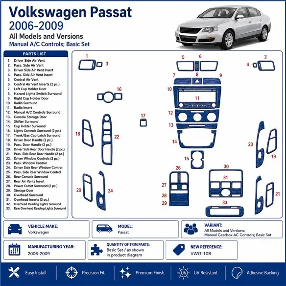 Volkswagen Passat 2006-2009 boîte manuelle AC Controls, set de base kit décor tableau de bord 3D