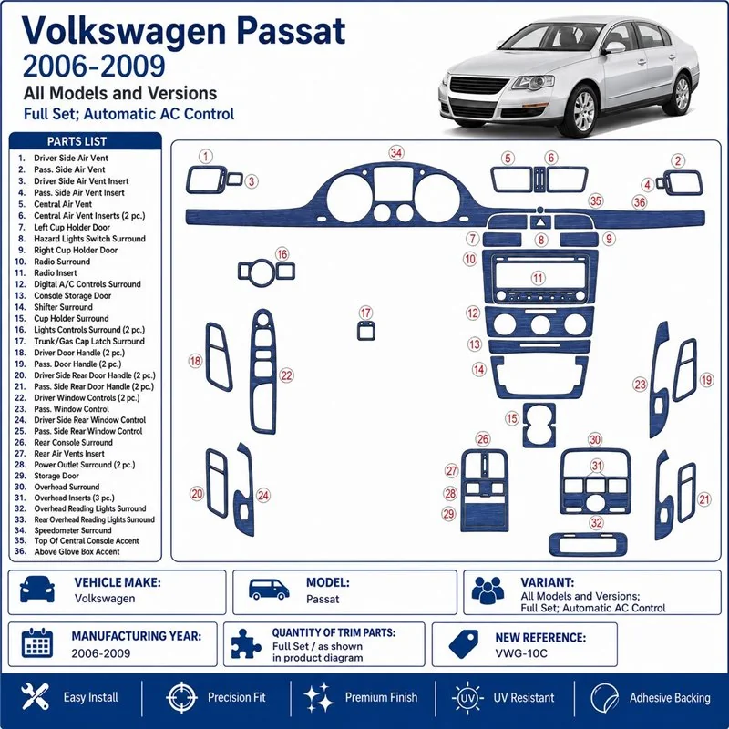 Volkswagen Passat 2006-2009 set complet, Automatic AC Control kit décor tableau de bord 3D