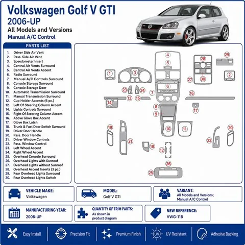 Volkswagen Golf V GTI 2006+ boîte manuelle A/C Control kit décor tableau de bord 3D