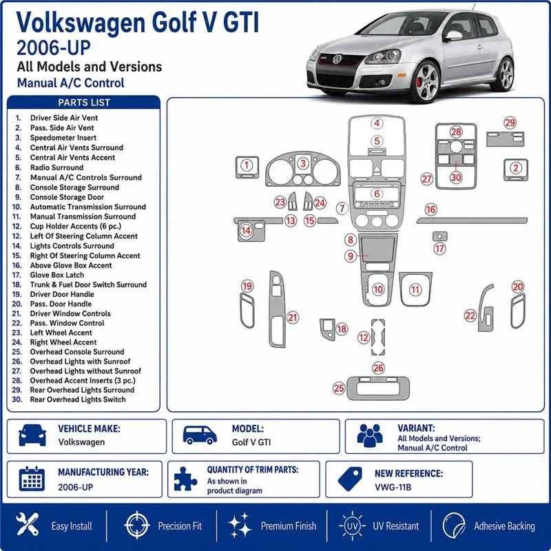Volkswagen Golf V GTI 2006+ boîte manuelle A/C Control kit décor tableau de bord 3D