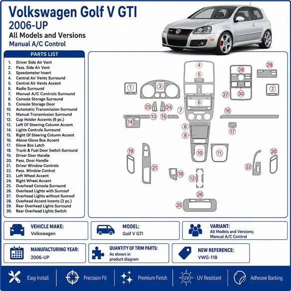 Volkswagen Golf V GTI 2006+ boîte manuelle A/C Control kit décor tableau de bord 3D