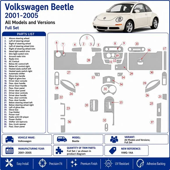 Volkswagen Beetle 2001-2005 set complet kit décor tableau de bord 3D