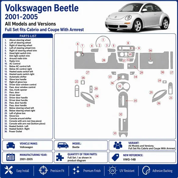 Volkswagen Beetle 2001-2005 set complet fits Cabrio and Coupe avec accoudoir kit décor tableau de bord 3D