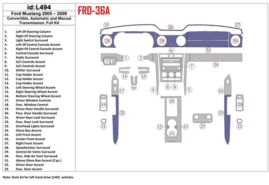 Ford Mustang 2005-2009 Folding roof-Cabrio, Ensemble Complet BD Kit la décoration du tableau de bord - 1 - habillage decor de ta
