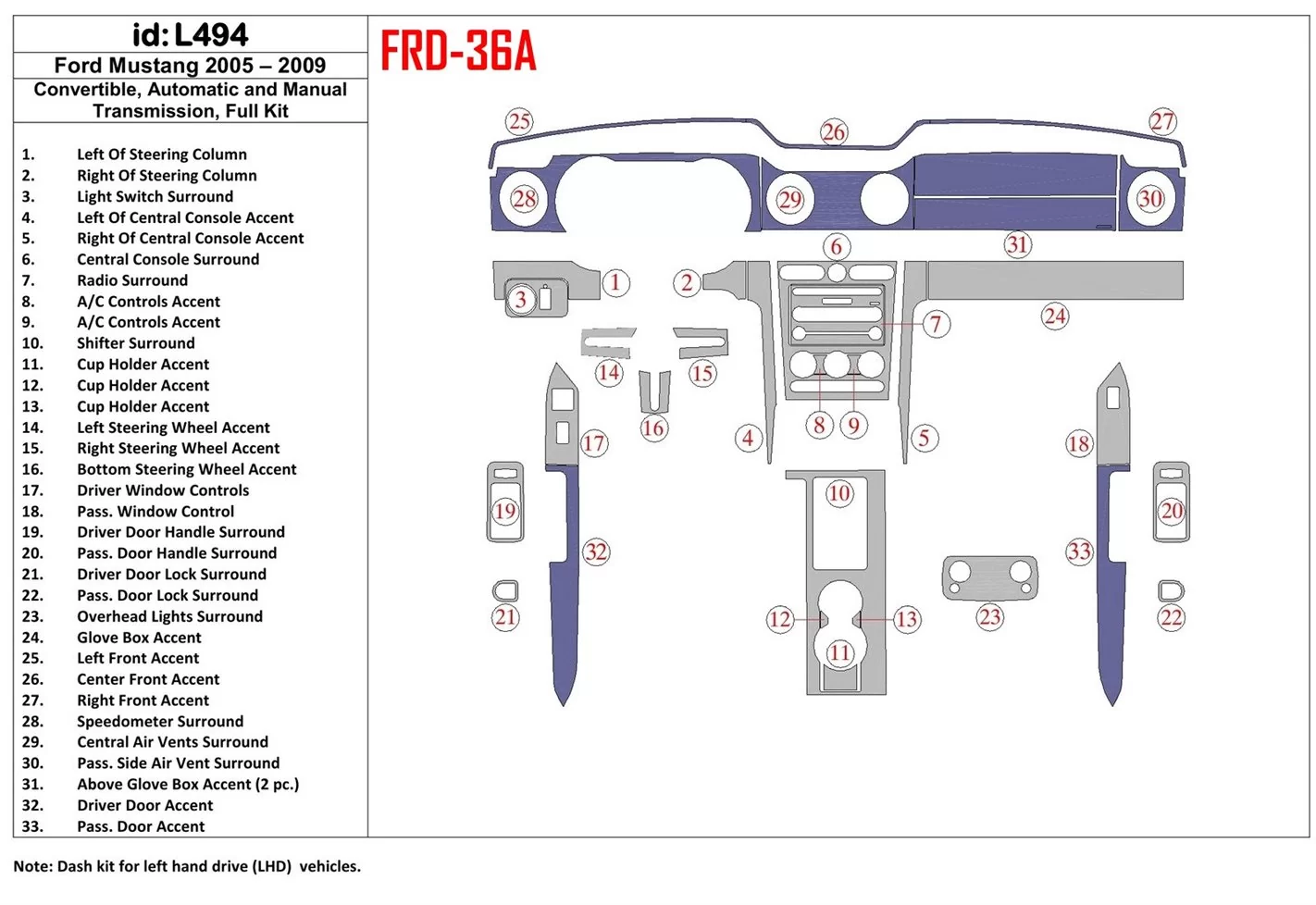 Ford Mustang 2005-2009 Folding roof-Cabrio, Ensemble Complet BD Kit la décoration du tableau de bord - 1 - habillage decor de ta