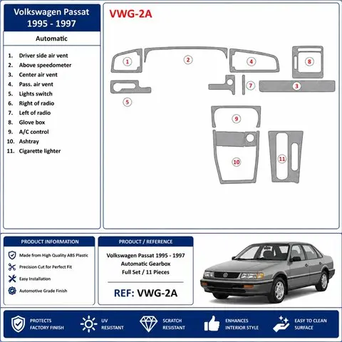 Volkswagen Passat 1995-1997 boîte auto kit décor tableau de bord 3D, 11 pièces