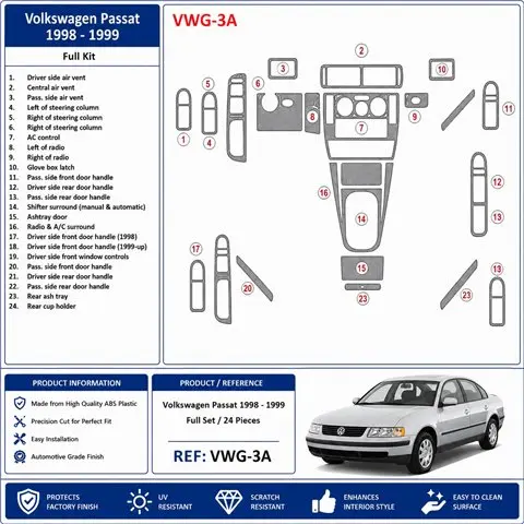 Volkswagen Passat 1998-1999 set complet kit décor tableau de bord 3D, 24 pièces