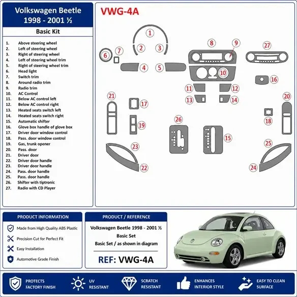 Volkswagen Beetle 1998-2001 set de base kit décor tableau de bord 3D