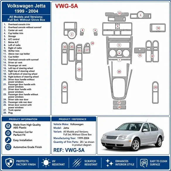 Volkswagen Jetta 1999-2004 set complet, Without glove-box kit décor tableau de bord 3D, 28 pièces