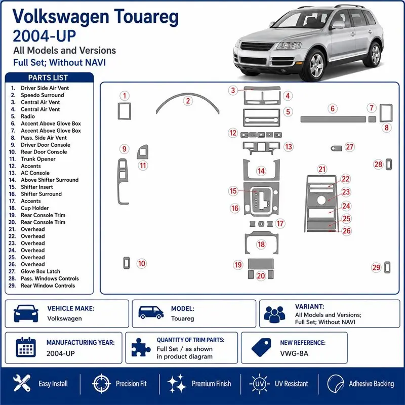 Volkswagen Touareg 2004+ set complet, sans navigation kit décor tableau de bord 3D