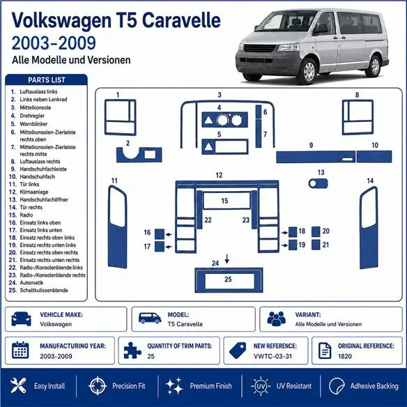 Volkswagen T5 Carevella 2003-2009 kit décor tableau de bord 3D, 25 pièces