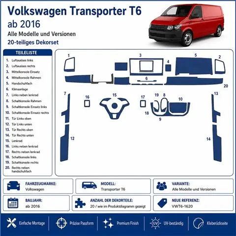 Volkswagen Transporter T6 2016 kit décor tableau de bord 3D, 20 pièces 2