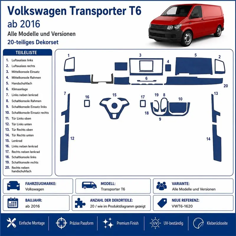 Volkswagen Transporter T6 2016 kit décor tableau de bord 3D, 20 pièces