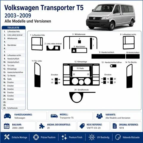 Volkswagen Transporter T5 2003-2009 kit décor tableau de bord 3D, 29 pièces 2