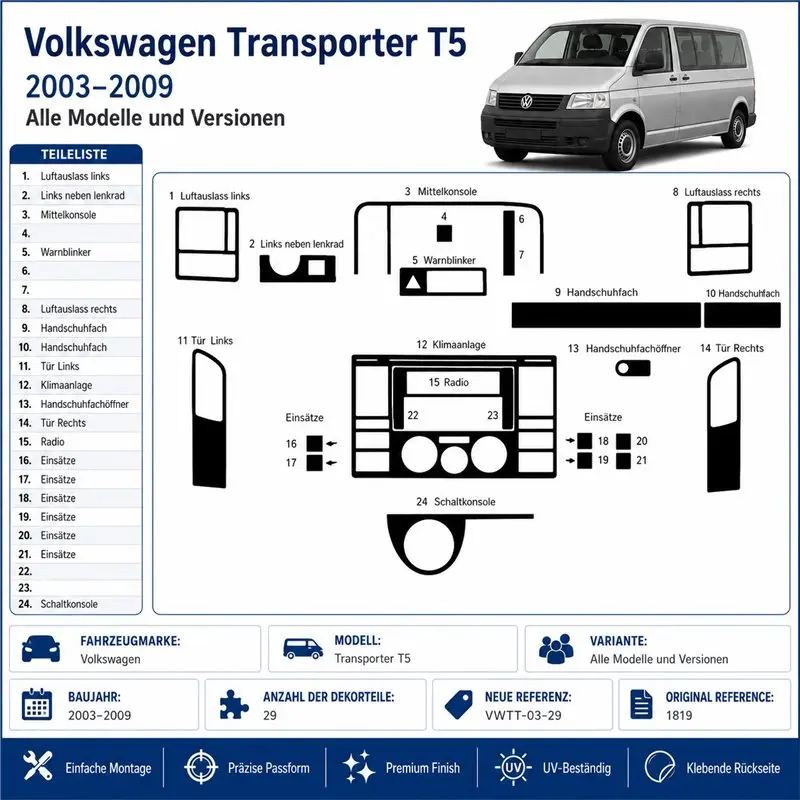 Volkswagen Transporter T5 2003-2009 kit décor tableau de bord 3D, 29 pièces