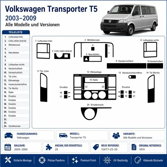 Volkswagen Transporter T5 2003-2009 kit décor tableau de bord 3D, 29 pièces