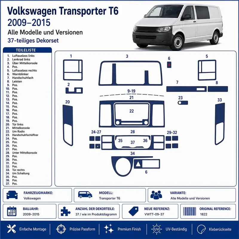 Volkswagen Transporter T6 2009+ kit décor tableau de bord 3D, 37 pièces
