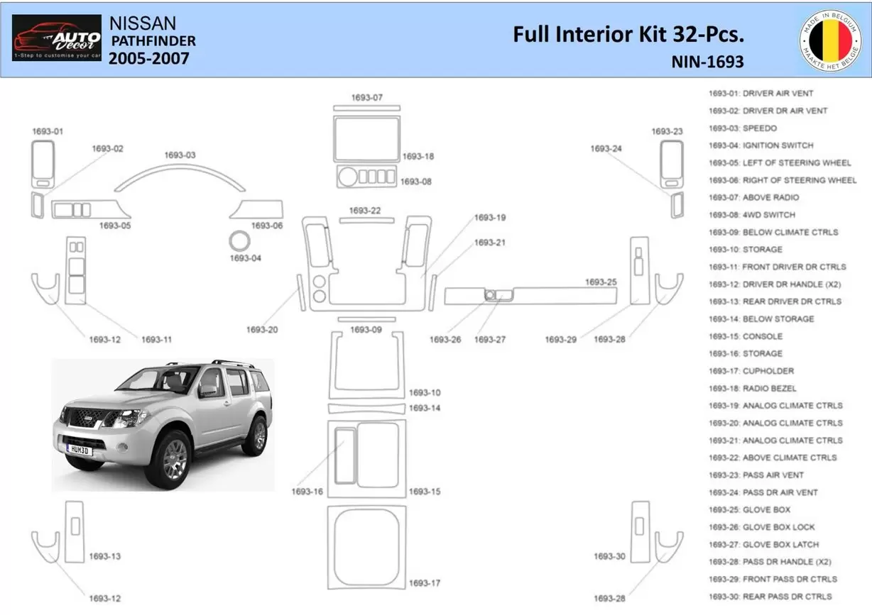 Nissan Pathfinder 205 Kit la décoration du tableau de bord 32 Pièce - 1 - habillage decor de tableau de bord