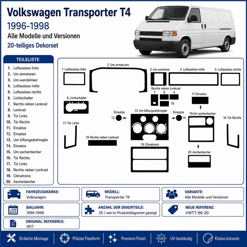 Volkswagen Transporter T4 1996-1998 kit décor tableau de bord 3D, 20 pièces