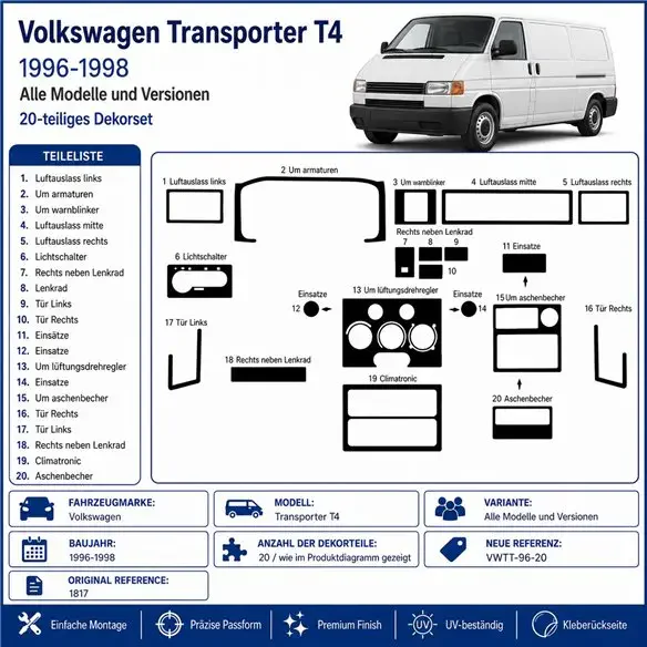 Volkswagen Transporter T4 1996-1998 kit décor tableau de bord 3D, 20 pièces