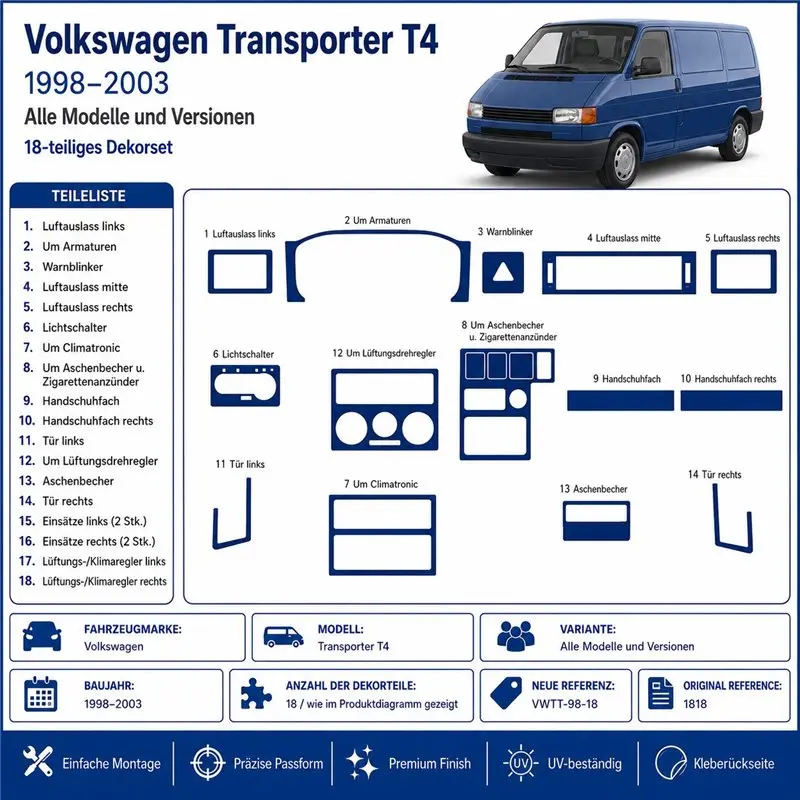 Volkswagen Transporter T4 1998-2003 kit décor tableau de bord 3D, 18 pièces