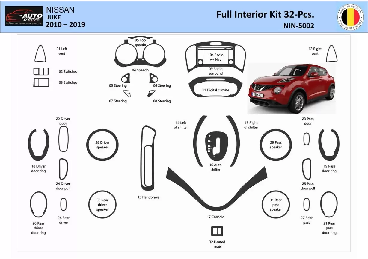 Nissan Juke 2011-2017 Kit la décoration du tableau de bord 28-Pièce - 1 - habillage decor de tableau de bord