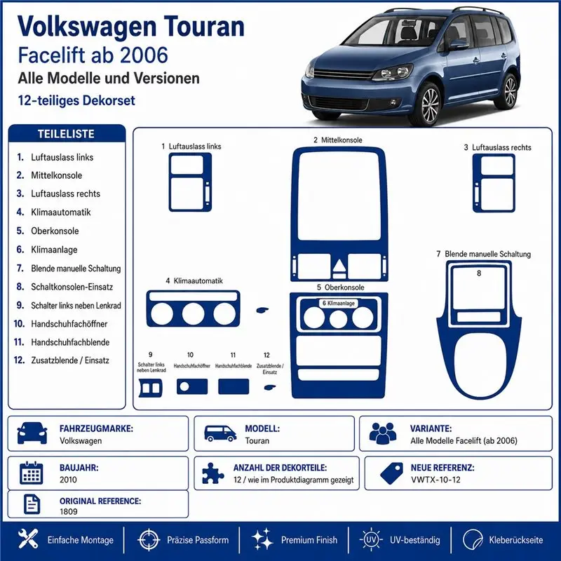 Volkswagen Touran 2010 kit décor tableau de bord 3D, 12 pièces