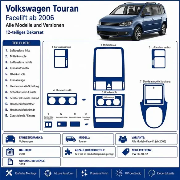 Volkswagen Touran 2010 kit décor tableau de bord 3D, 12 pièces