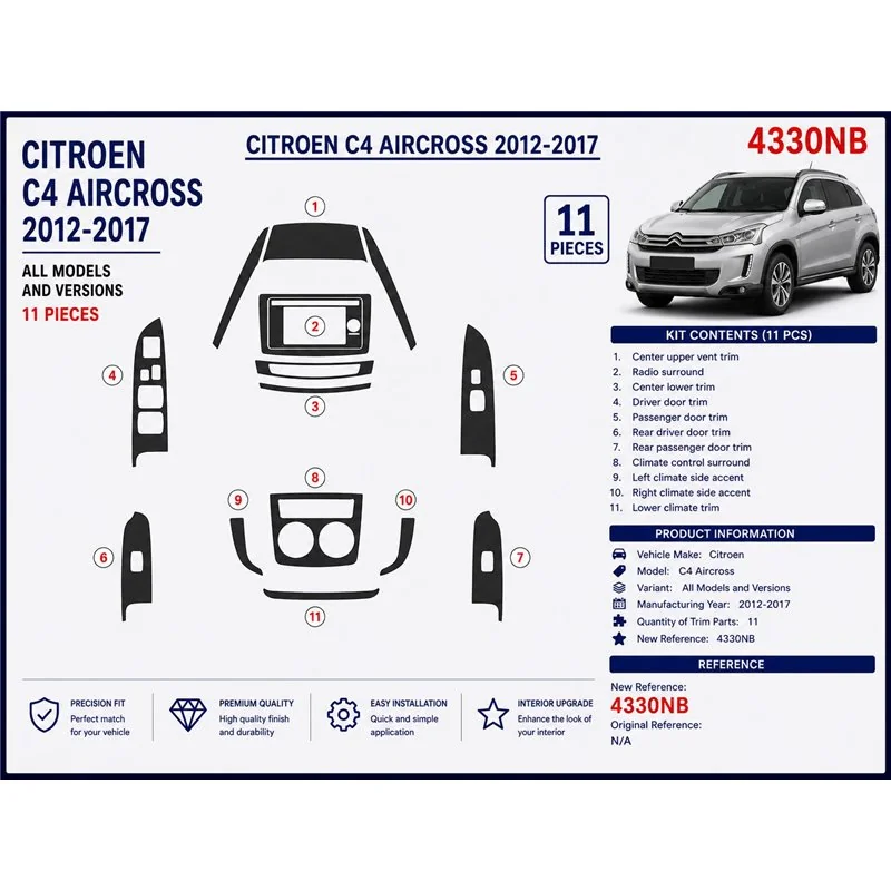 Citroën C4 Aircross 2012-2017 set de base Navi kit décor tableau de bord 3D, 11 pièces