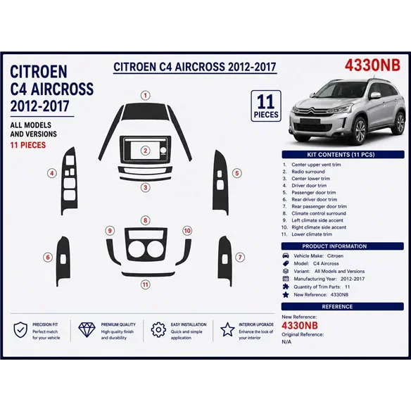 Citroën C4 Aircross 2012-2017 set de base Navi kit décor tableau de bord 3D, 11 pièces