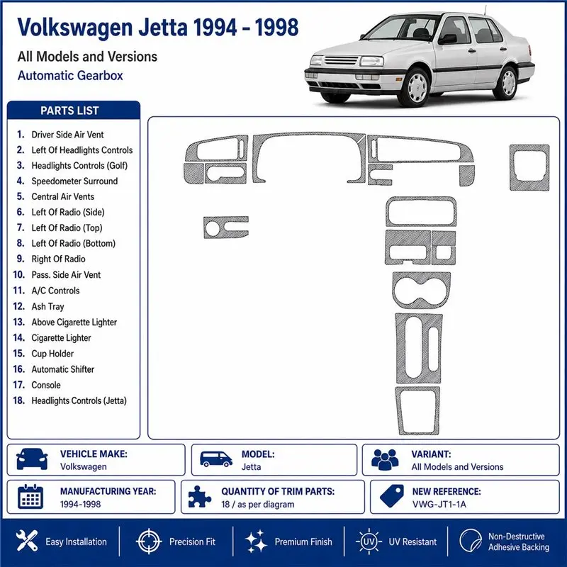Volkswagen Jetta 1994-1998 boîte auto kit décor tableau de bord 3D, 18 pièces