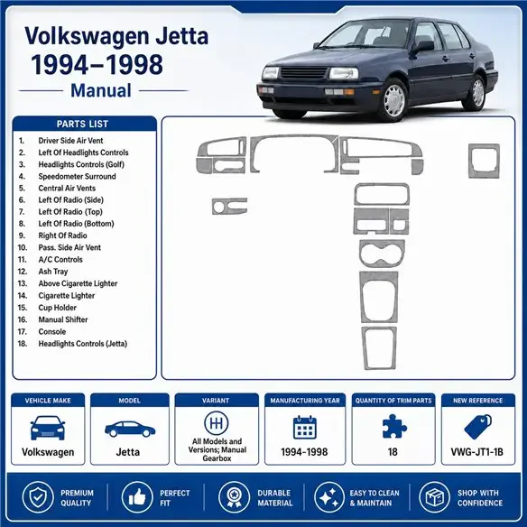Volkswagen Jetta 1994-1998 boîte manuelle kit décor tableau de bord 3D, 18 pièces