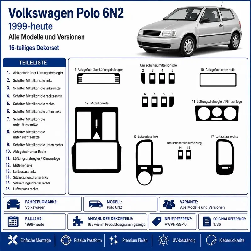 Volkswagen Polo 6N2 1999+-08 01 kit décor tableau de bord 3D, 16 pièces