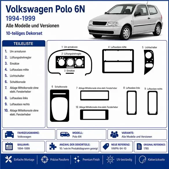 Volkswagen Polo 6N 1994-1999 kit décor tableau de bord 3D, 10 pièces