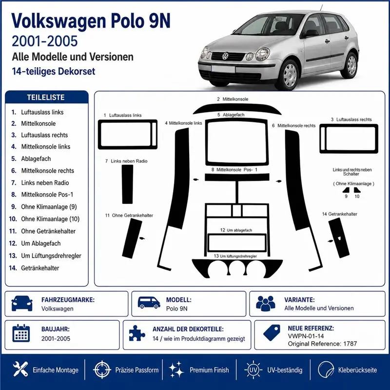 Volkswagen Polo 9N 2001-2005 kit décor tableau de bord 3D, 14 pièces