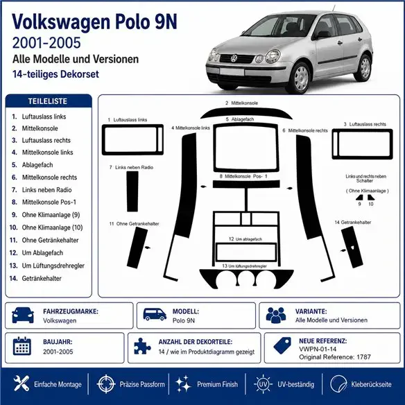 Volkswagen Polo 9N 2001-2005 kit décor tableau de bord 3D, 14 pièces