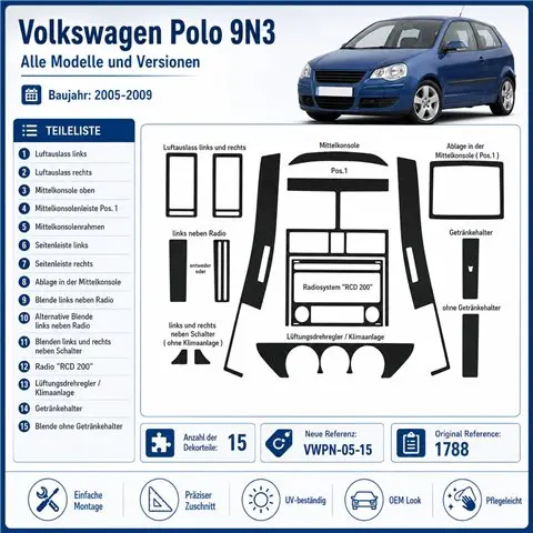 Volkswagen Polo 9N3 2005-2009 kit décor tableau de bord 3D, 15 pièces 2