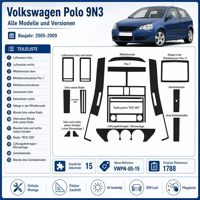Volkswagen Polo 9N3 2005-2009 kit décor tableau de bord 3D, 15 pièces