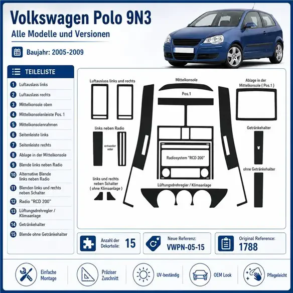 Volkswagen Polo 9N3 2005-2009 kit décor tableau de bord 3D, 15 pièces