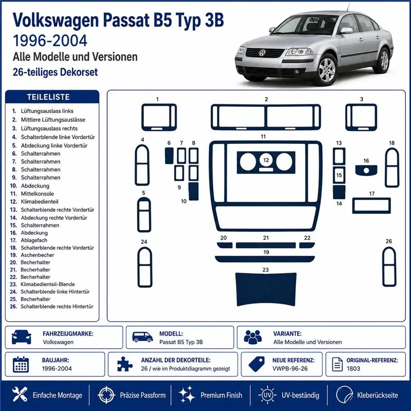 Volkswagen Passat B5 Typ 3B 1996-2004 kit décor tableau de bord 3D, 26 pièces