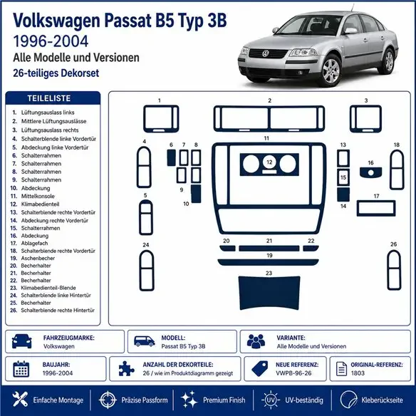 Volkswagen Passat B5 Typ 3B 1996-2004 kit décor tableau de bord 3D, 26 pièces