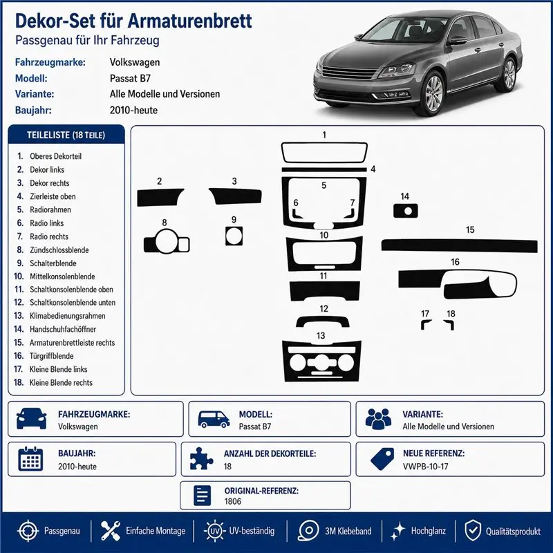 Volkswagen Passat B7 2010+ kit décor tableau de bord 3D, 17 pièces