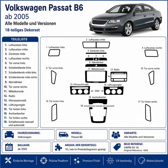 Volkswagen Passat B6 2005+ 2010+ kit décor tableau de bord 3D, 18 pièces