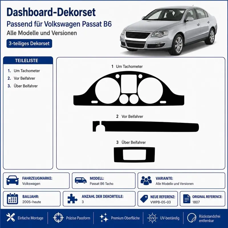 Volkswagen Passat B6 Tacho 2005+ 2010+ kit décor tableau de bord 3D, 3 pièces