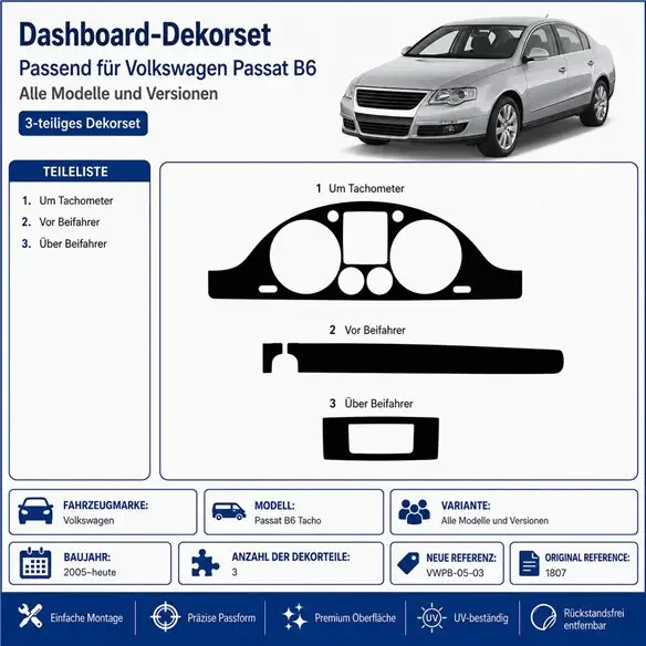 Volkswagen Passat B6 Tacho 2005+ 2010+ kit décor tableau de bord 3D, 3 pièces