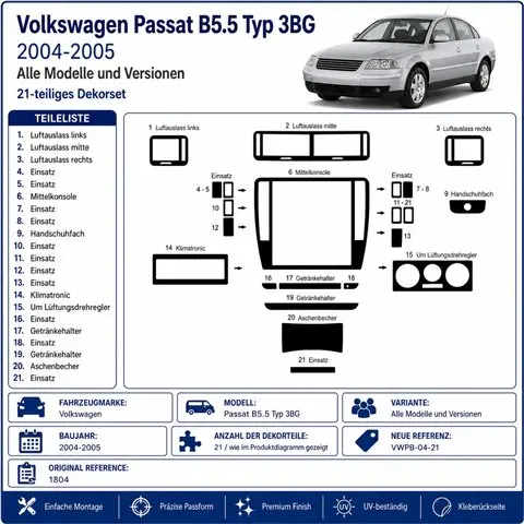 Volkswagen Passat B5.5 Typ 3BG 2004-2005 kit décor tableau de bord 3D, 21 pièces 2
