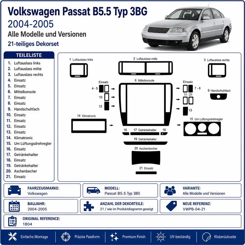 Volkswagen Passat B5.5 Typ 3BG 2004-2005 kit décor tableau de bord 3D, 21 pièces