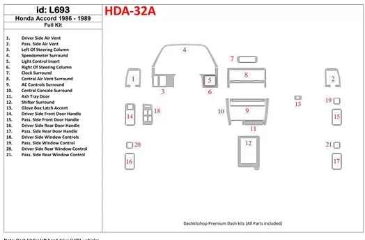 Honda Accord 1986-1989 Ensemble Complet BD Kit la décoration du tableau de bord - 1 - habillage decor de tableau de bord