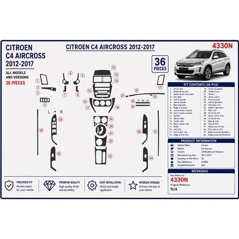 Citroën C4 Aircross 2012-2017 kit décor tableau de bord 3D, 36 pièces
