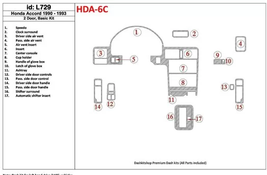 Honda Accord 1990-1993 2 Des portes, Paquet de base, 17 Parts set BD Kit la décoration du tableau de bord - 1 - habillage decor 